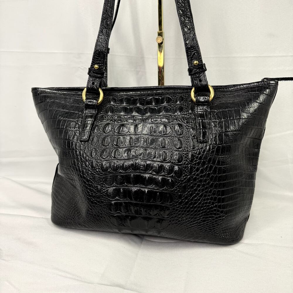 Brahmin Black Croc Embossed Leather Tote Bag Gold Tassel Shoulder Purse - Picture 13 of 16